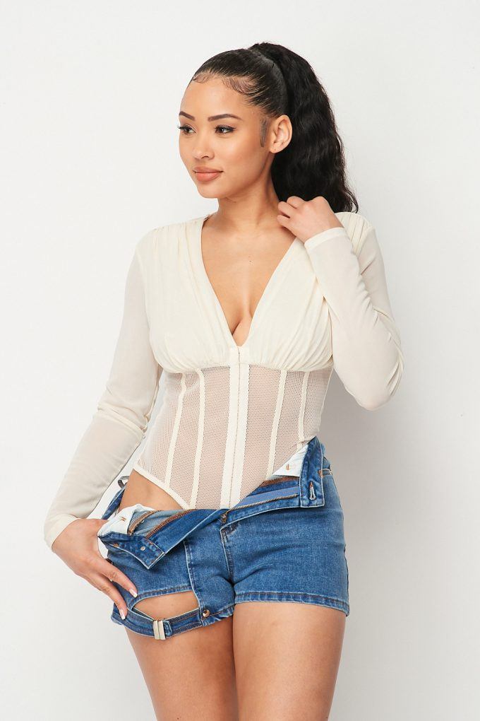 Fishnet Sheer Mesh Back Deep V-Neck Bodysuit