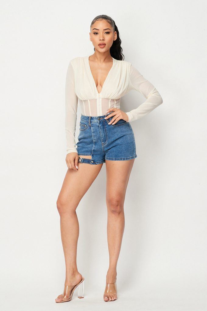 Fishnet Sheer Mesh Back Deep V-Neck Bodysuit