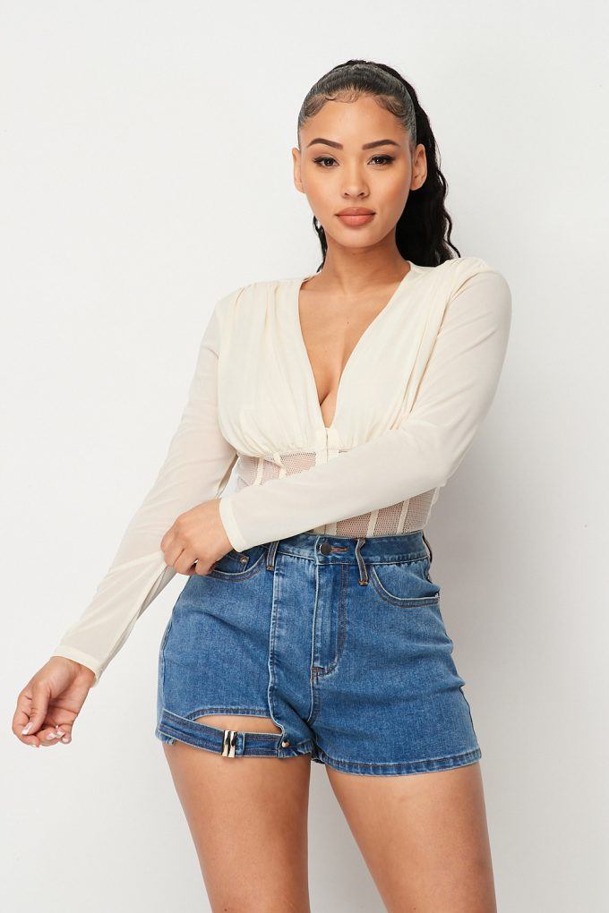 Fishnet Sheer Mesh Back Deep V-Neck Bodysuit