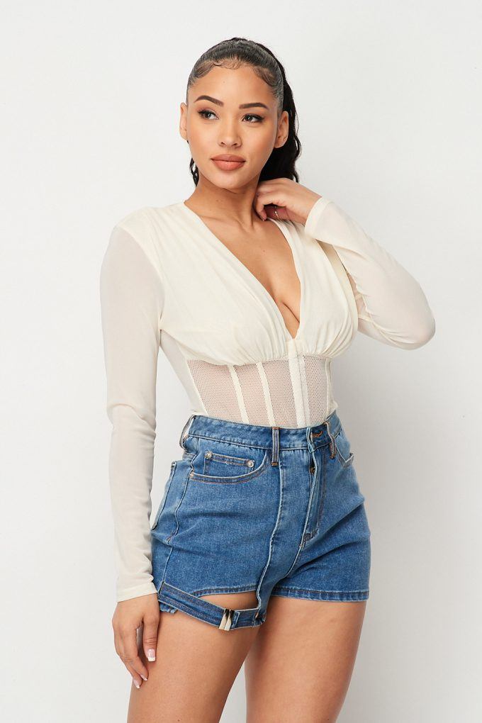 Fishnet Sheer Mesh Back Deep V-Neck Bodysuit
