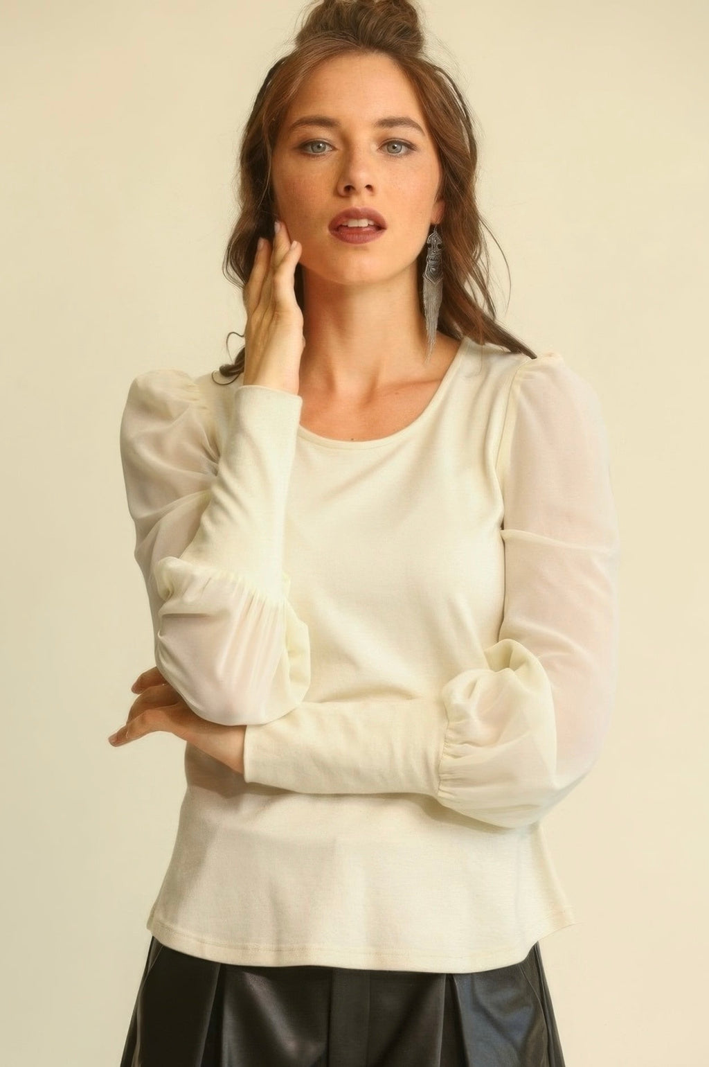 Puff Knit & Chiffon Top