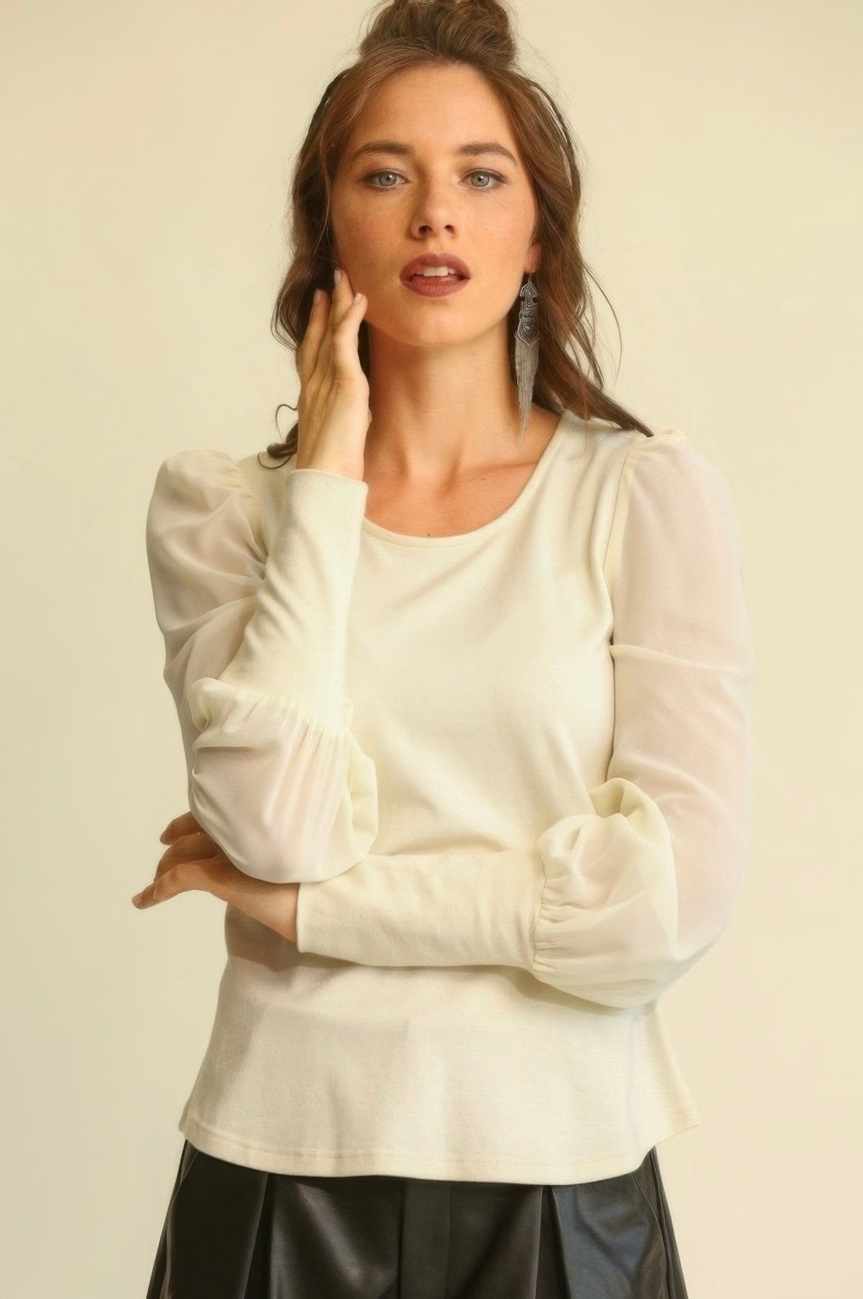 Puff Knit & Chiffon Top