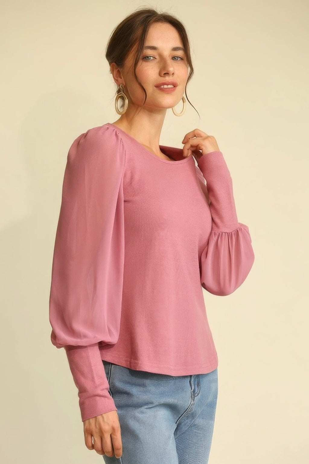 Puff Knit & Chiffon Top