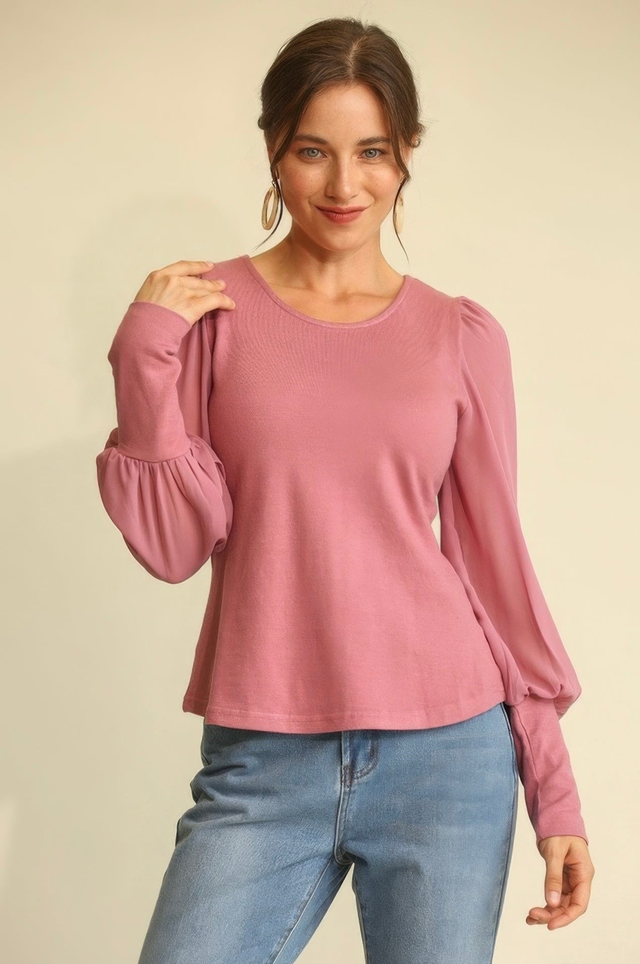 Puff Knit & Chiffon Top