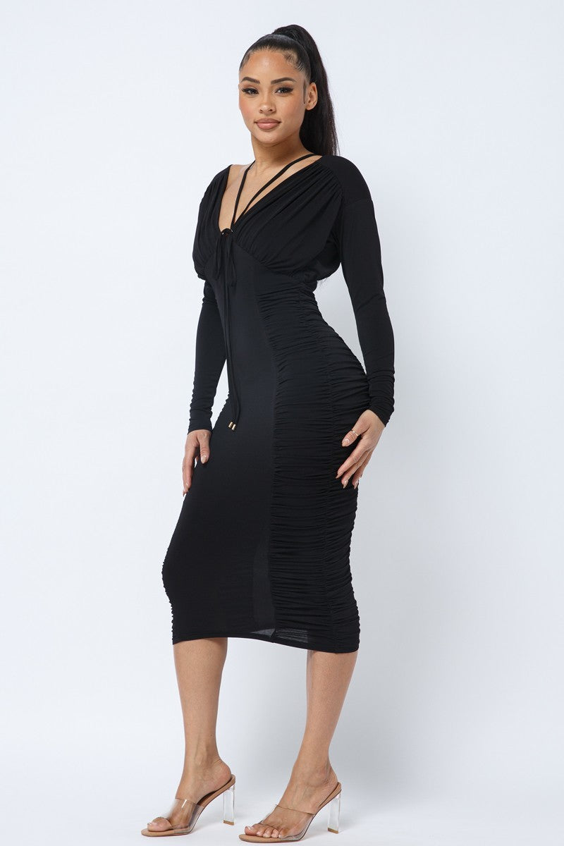 Long Slv Ruching Midi Dress