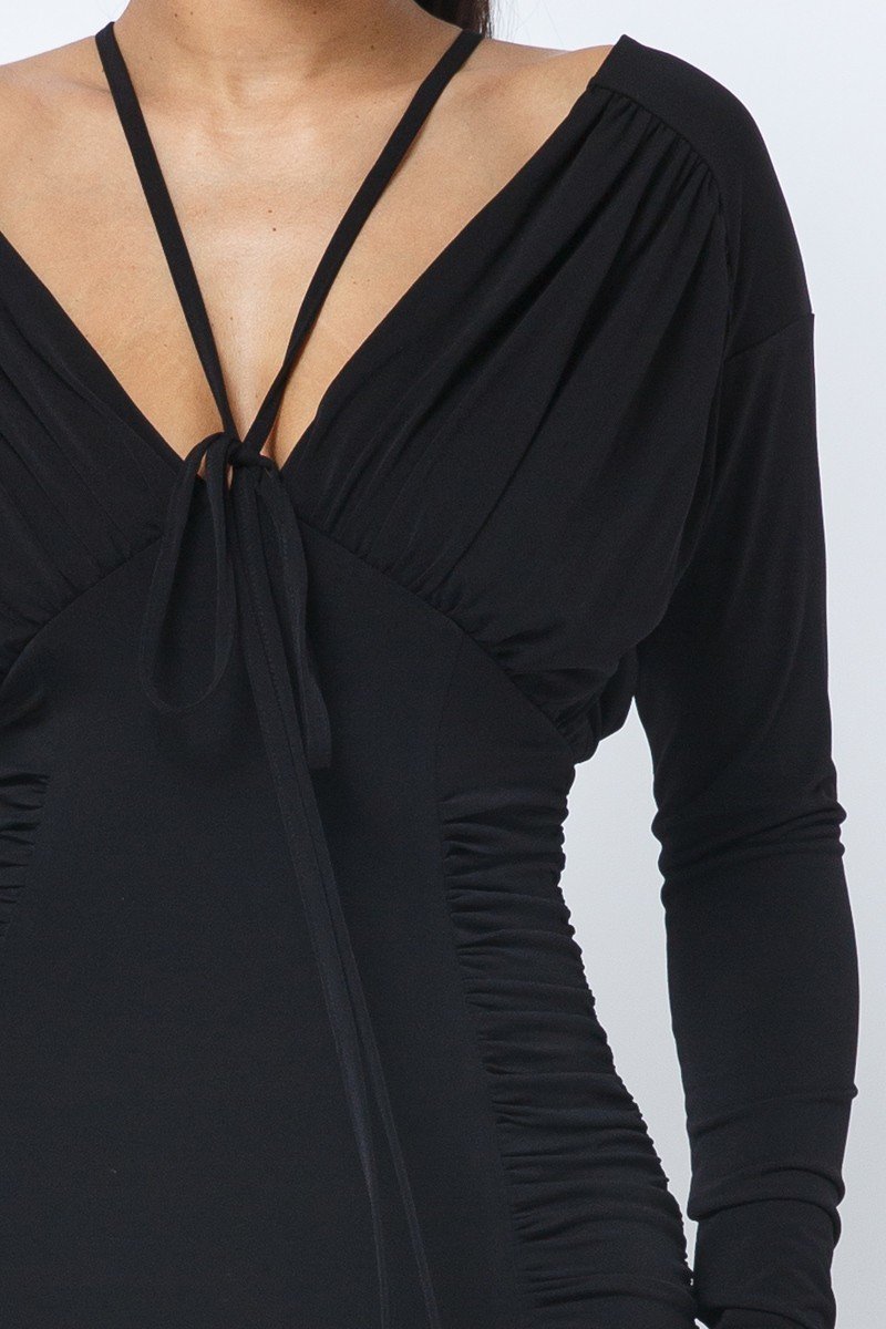 Long Slv Ruching Midi Dress