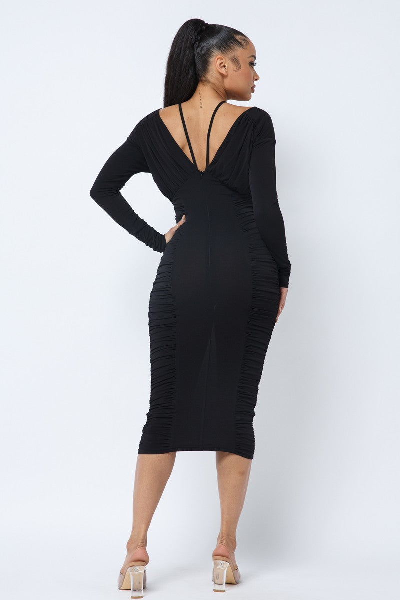 Long Slv Ruching Midi Dress