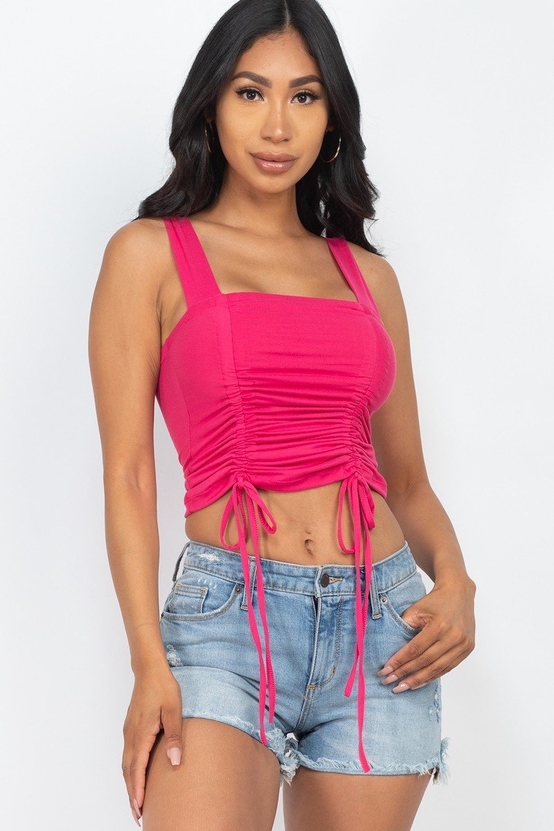 Adjustable Front Ruched With String Square Neck Crop Tops - Cherry Angel