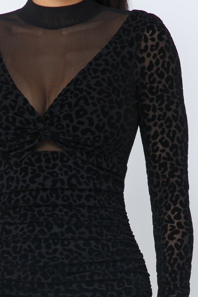 Animal Print Long Sleeve Mock Neck Mini Dress - Cherry Angel