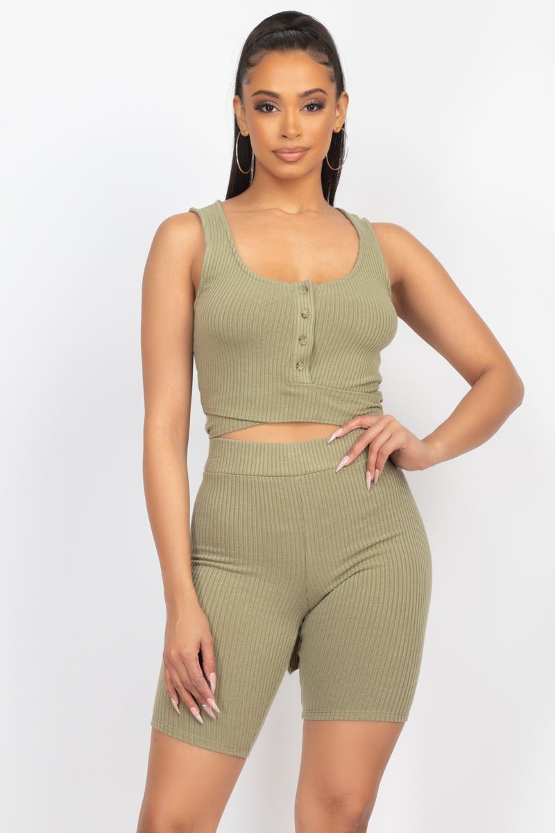 Buttons Scoop Neck Crop Top & Biker Shorts Set - Cherry Angel