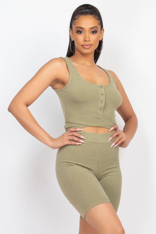 Buttons Scoop Neck Crop Top & Biker Shorts Set - Cherry Angel