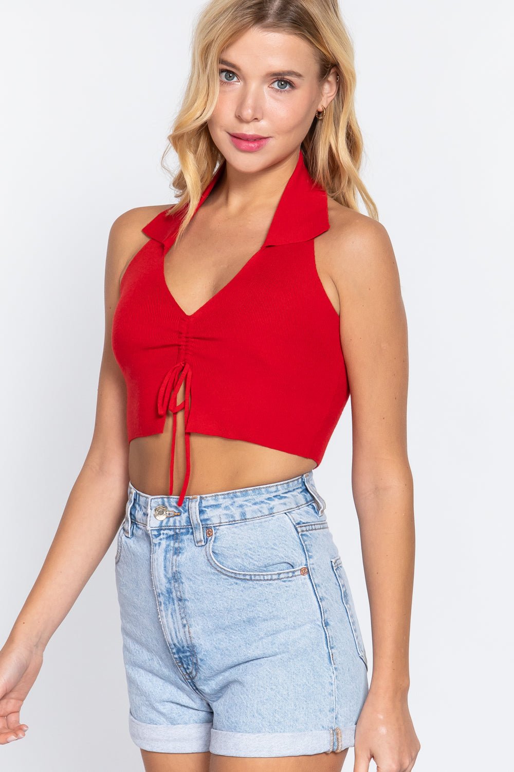 Halter Ruched Crop Sweater Knit Top - Cherry Angel