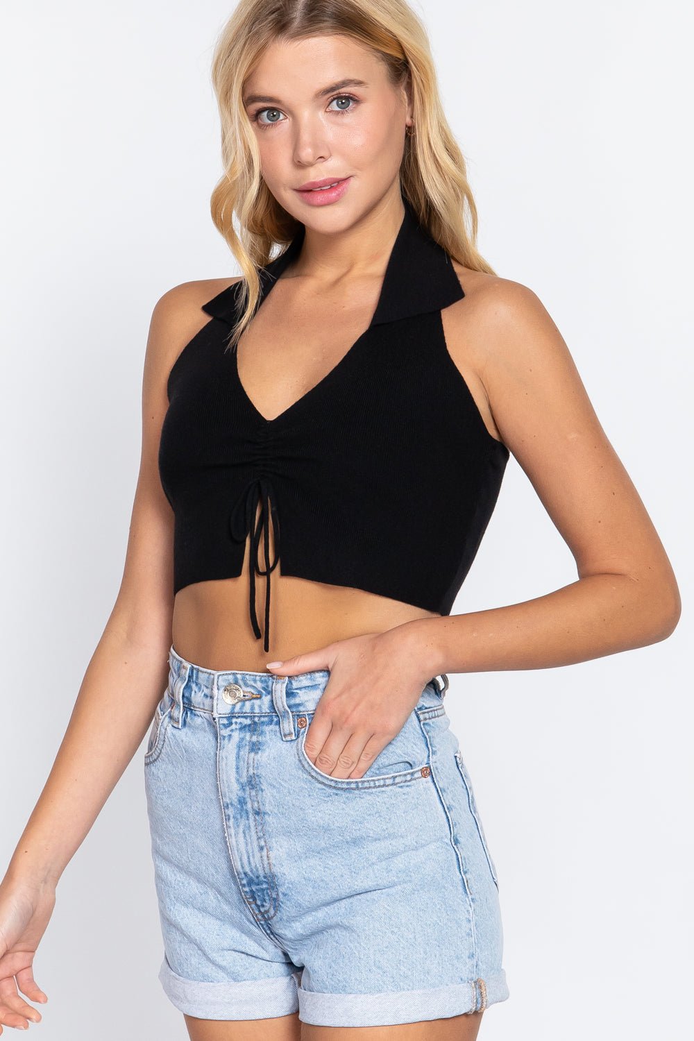 Halter Ruched Crop Sweater Knit Top - Cherry Angel