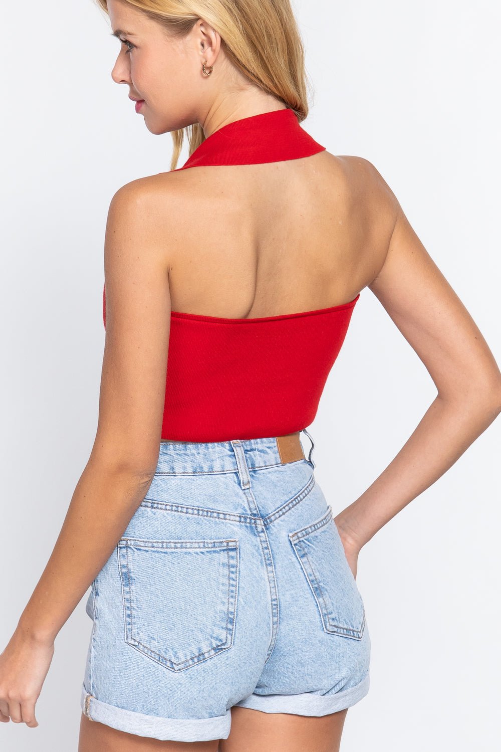 Halter Ruched Crop Sweater Knit Top - Cherry Angel