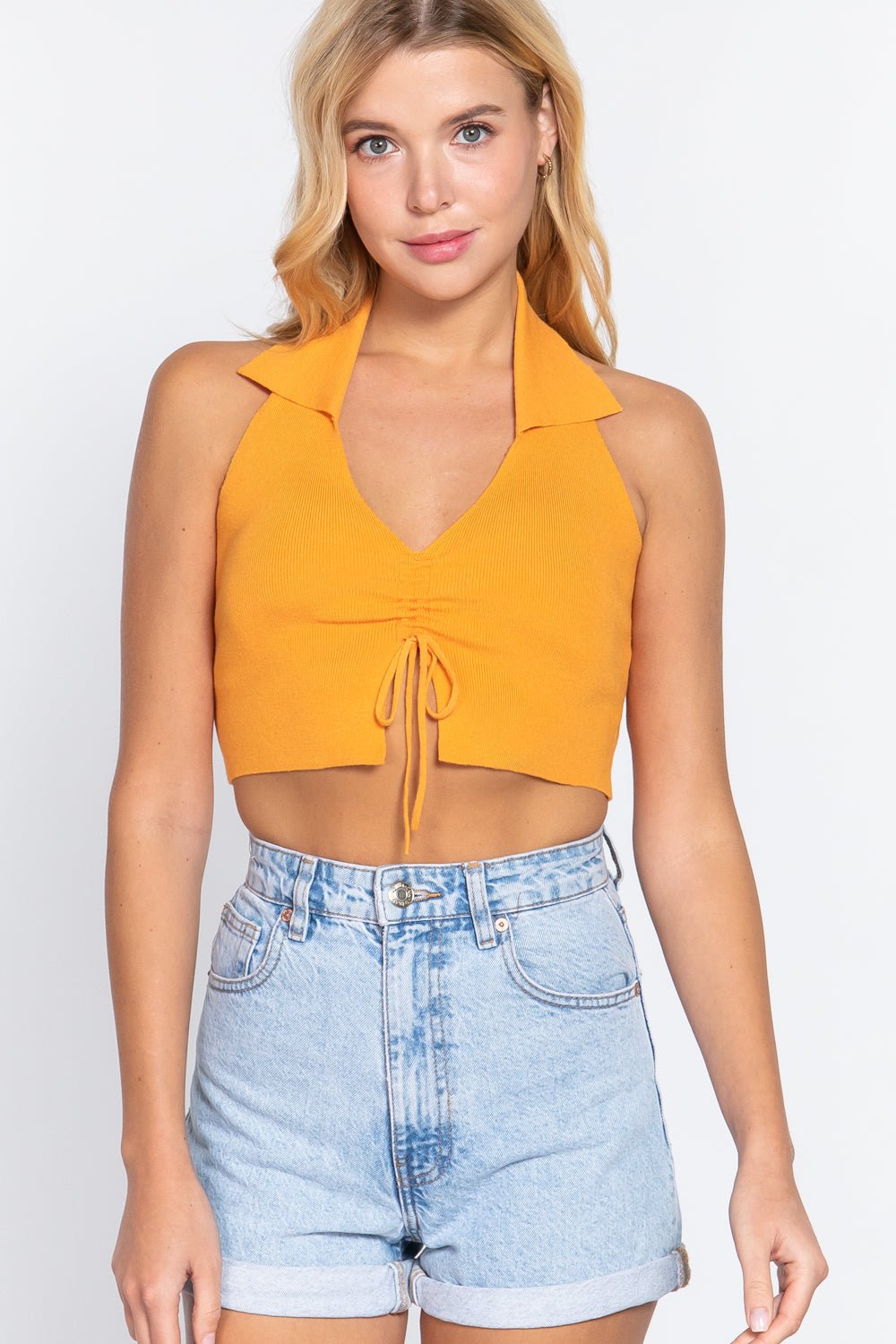 Halter Ruched Crop Sweater Knit Top - Cherry Angel