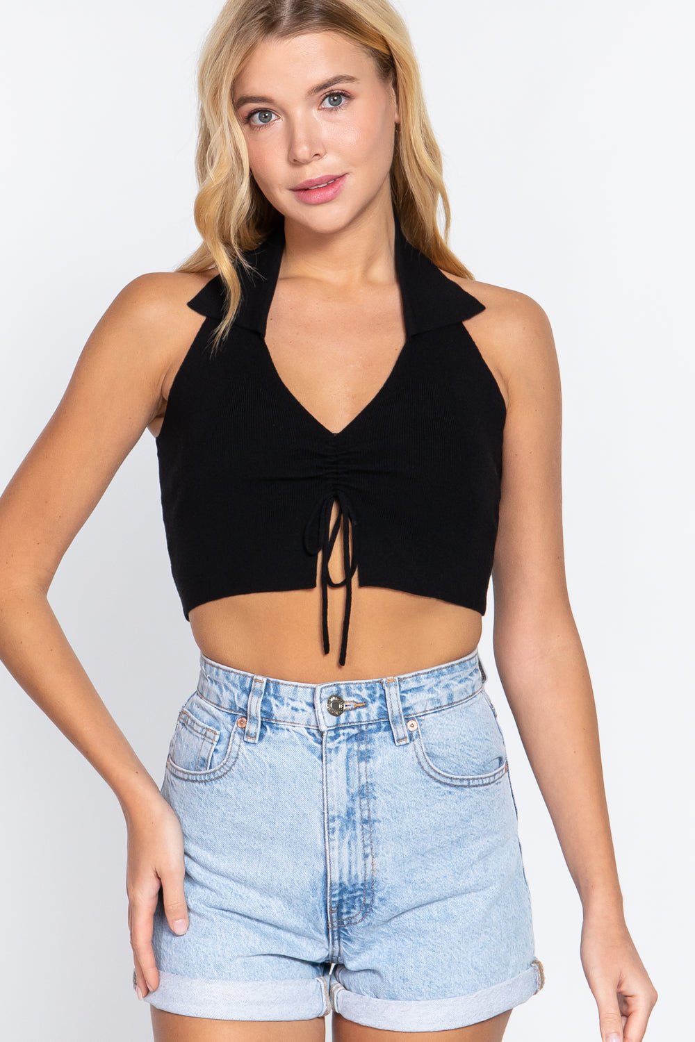 Halter Ruched Crop Sweater Knit Top - Cherry Angel