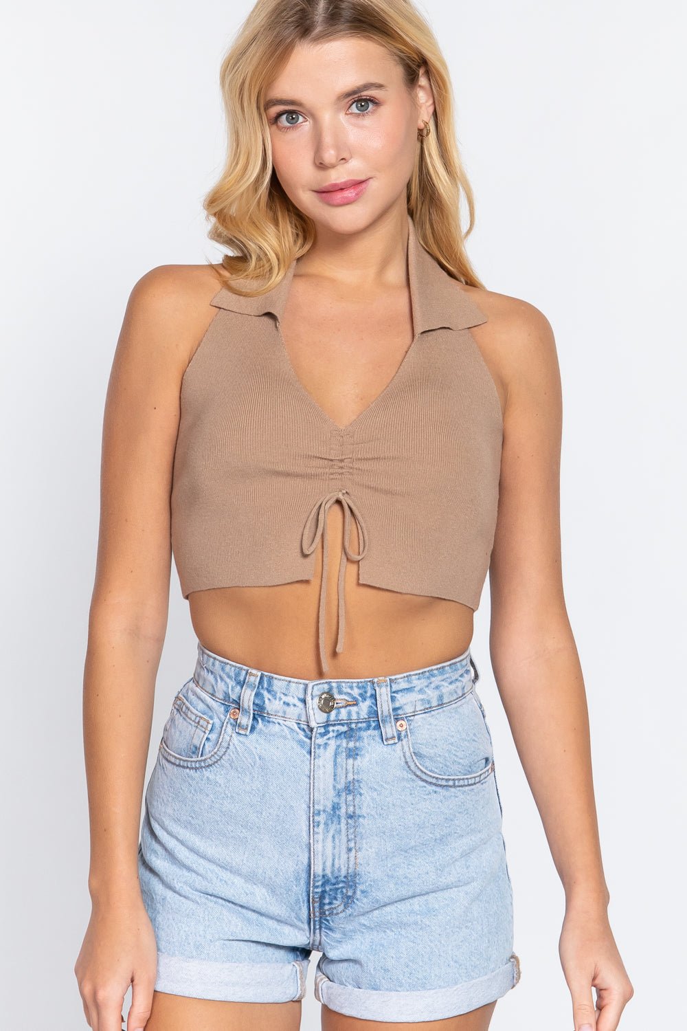 Halter Ruched Crop Sweater Knit Top - Cherry Angel