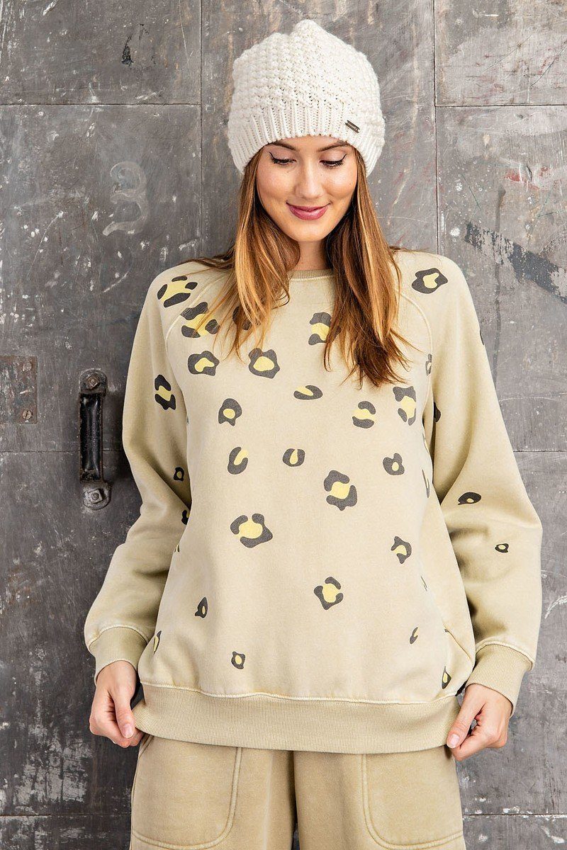 Long Sleeve Leopard Print Washed Terry Sweatshirt - Cherry Angel