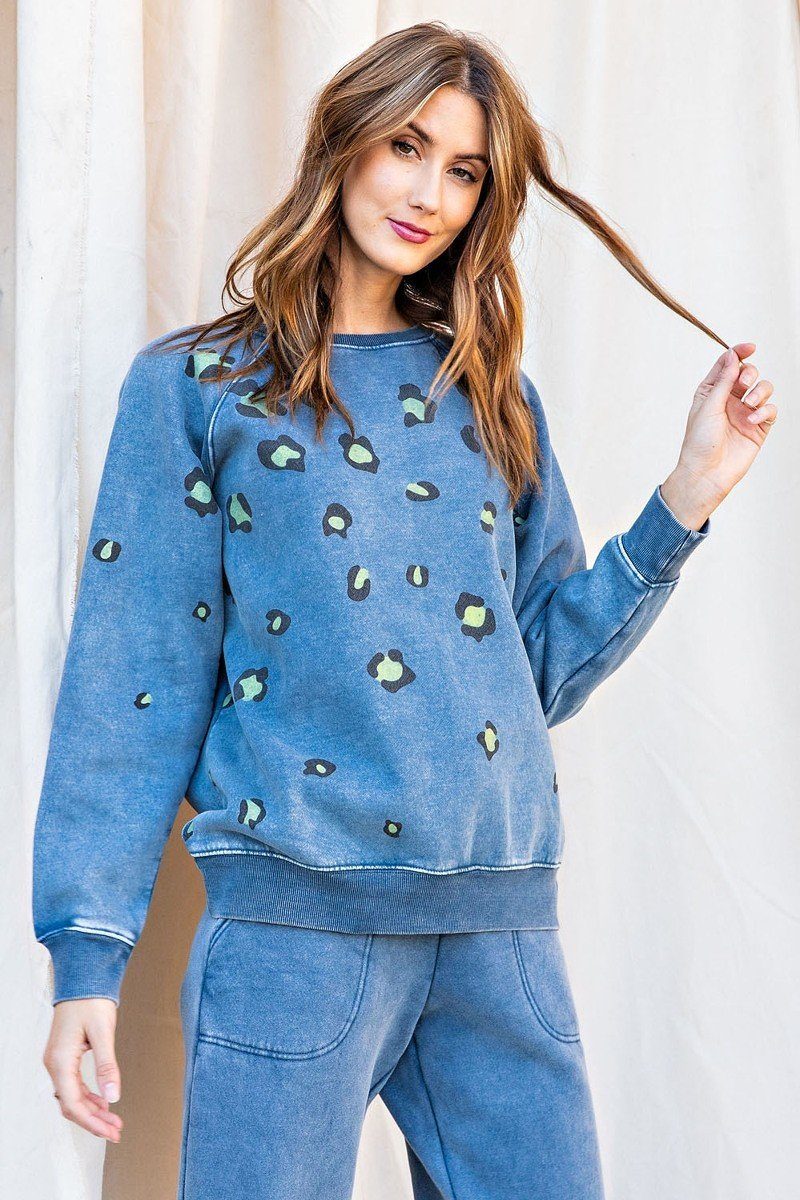 Long Sleeve Leopard Print Washed Terry Sweatshirt - Cherry Angel